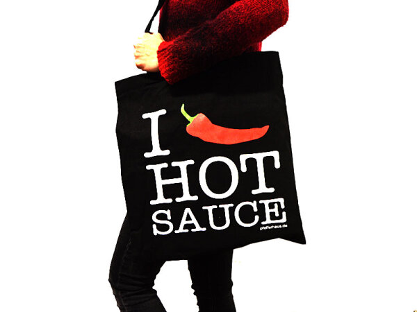 Baumwolltragetasche "I Love Hot Sauce" schwarz (1 Stück)